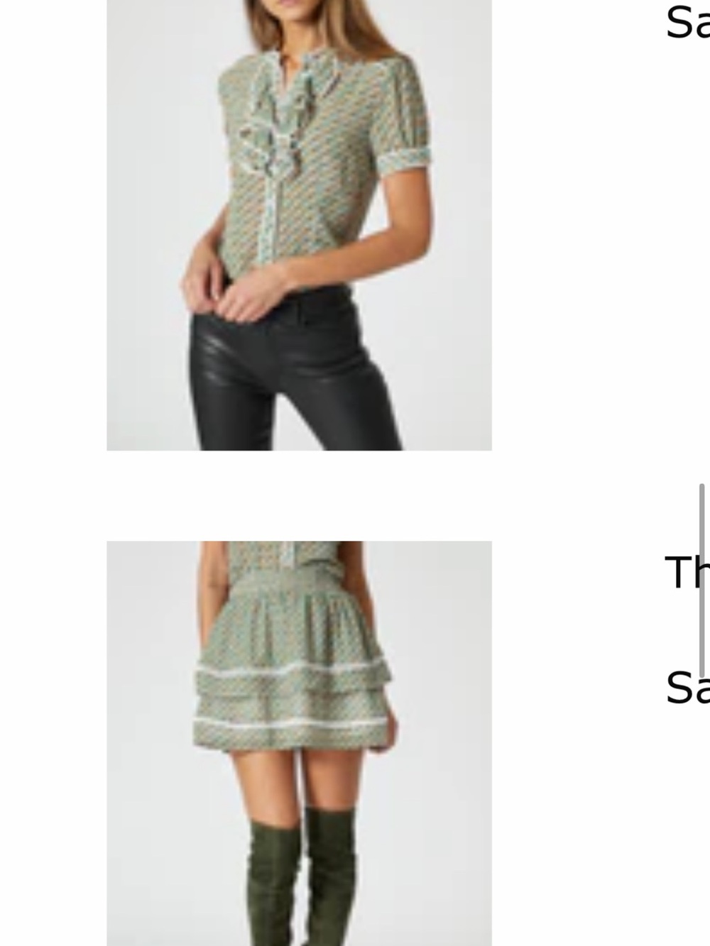 The Shirt Green Patterned Ruffle Button Blouse and Mini Skirt Set